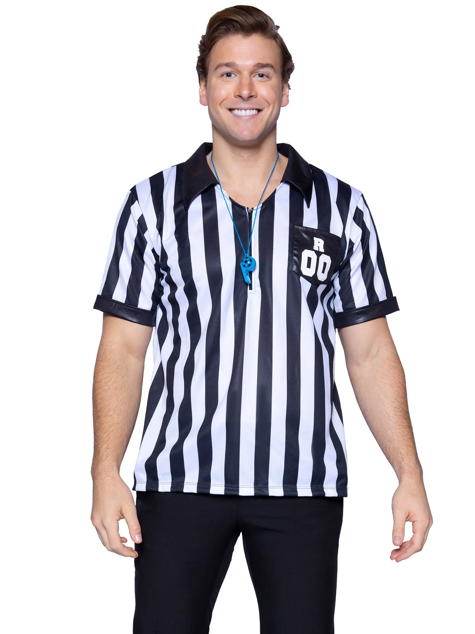 Men's Relaxed Fit Collared Striped Sports Referee Costume Set - Halloween Menswear Outfit with Included Shirt for Party, Sports Events, Hand-Wash Care, Includes Whistle