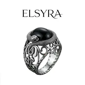 Elsyra S925 Sterling Silver Men's Ring, Vintage Gothic Snake&Bat Ring for Men, Punk Rock Jewelry, Emo Alt Style Statement Ring, S925 Sterling Silver Men’s Signet Ring, Black Onyx Luxury, Anniversary Gift for Him, Norse Mythology Jewelry, Viking Aesthetic