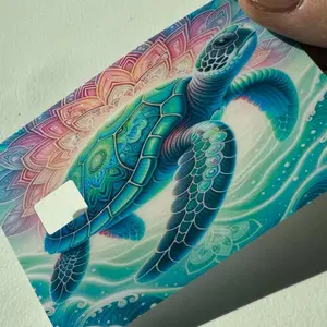 Neon Turtle Mandala Customizable Graphic Anime Decal, Credit-Debit Card Skin Sticker for DIY Scrapbooking & Stamping Projects, Customizable Stickers, Graphic Decal