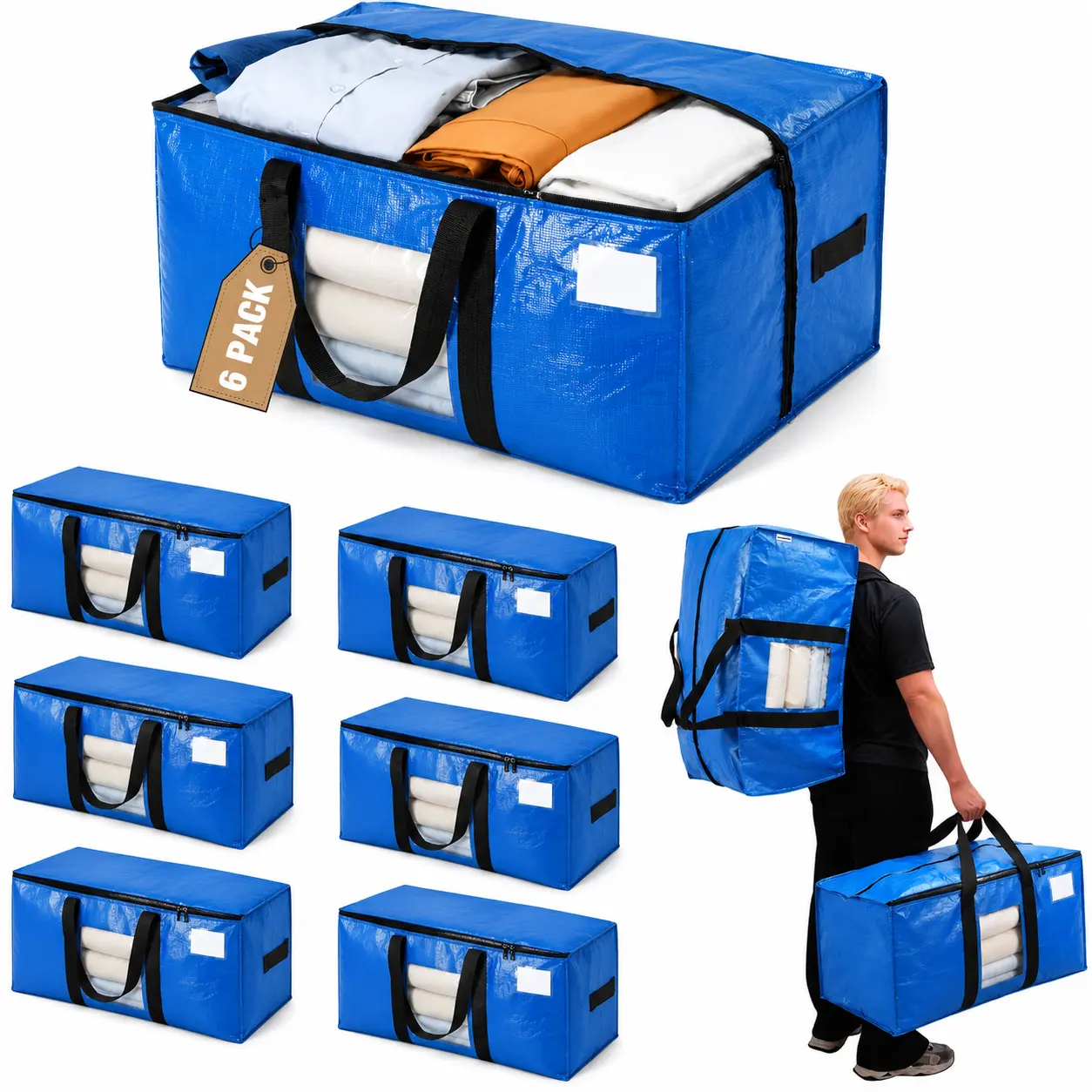Extra Large Heavy Duty Moving Bags 130LBS Load-Bearing Blue Storage Totes PE Fabric Ergonomic Handles Clear Window Label Slot Space-Saving Design for Home Relocation & Storage Organiser