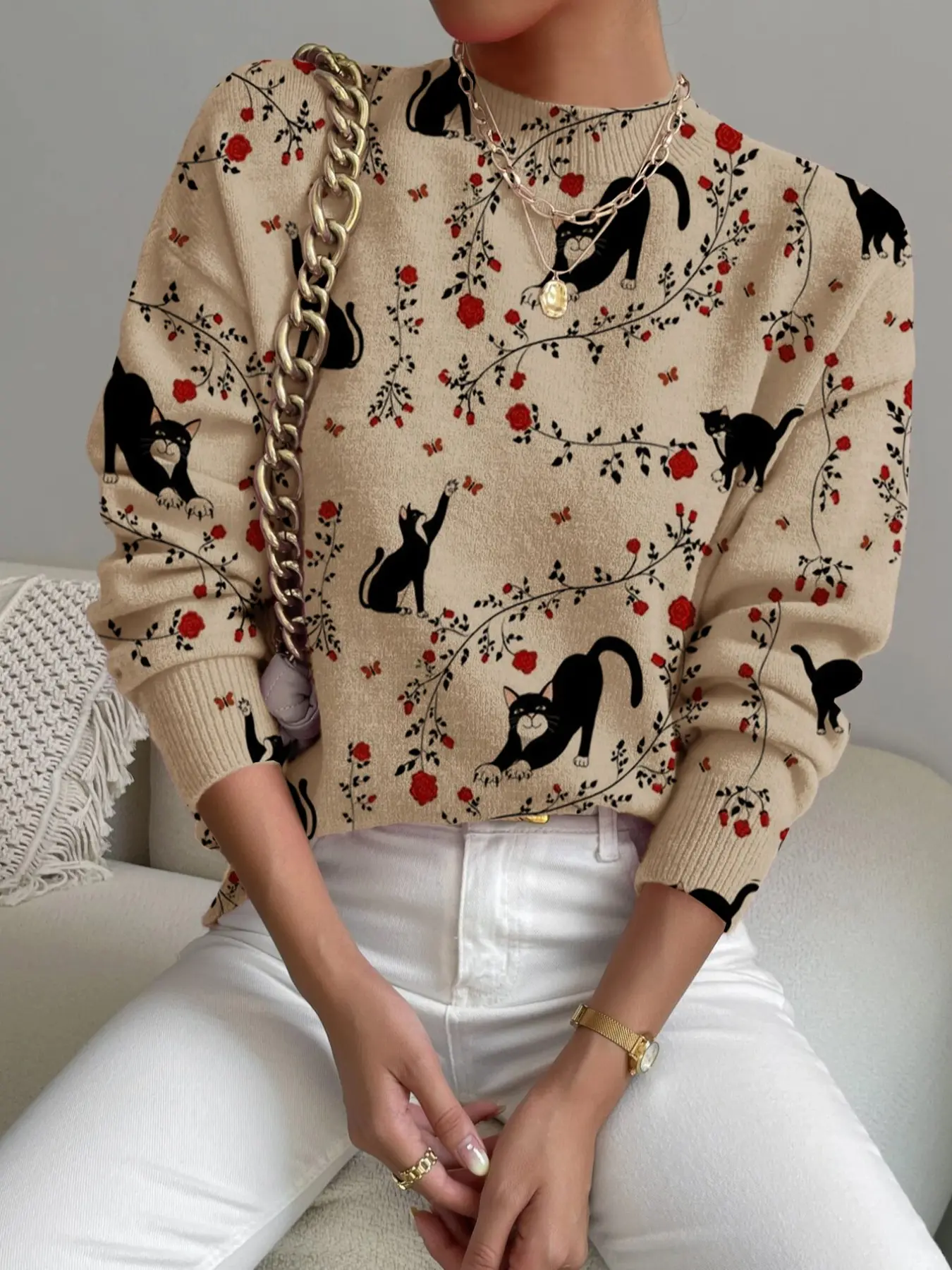 Women's Floral Cat Print Stand Collar Fitted Knit Pullover Sweater, Fall Winter Casual Everyday Long Sleeve Knitwear, Comfortable Warm Daily Wear Tops
