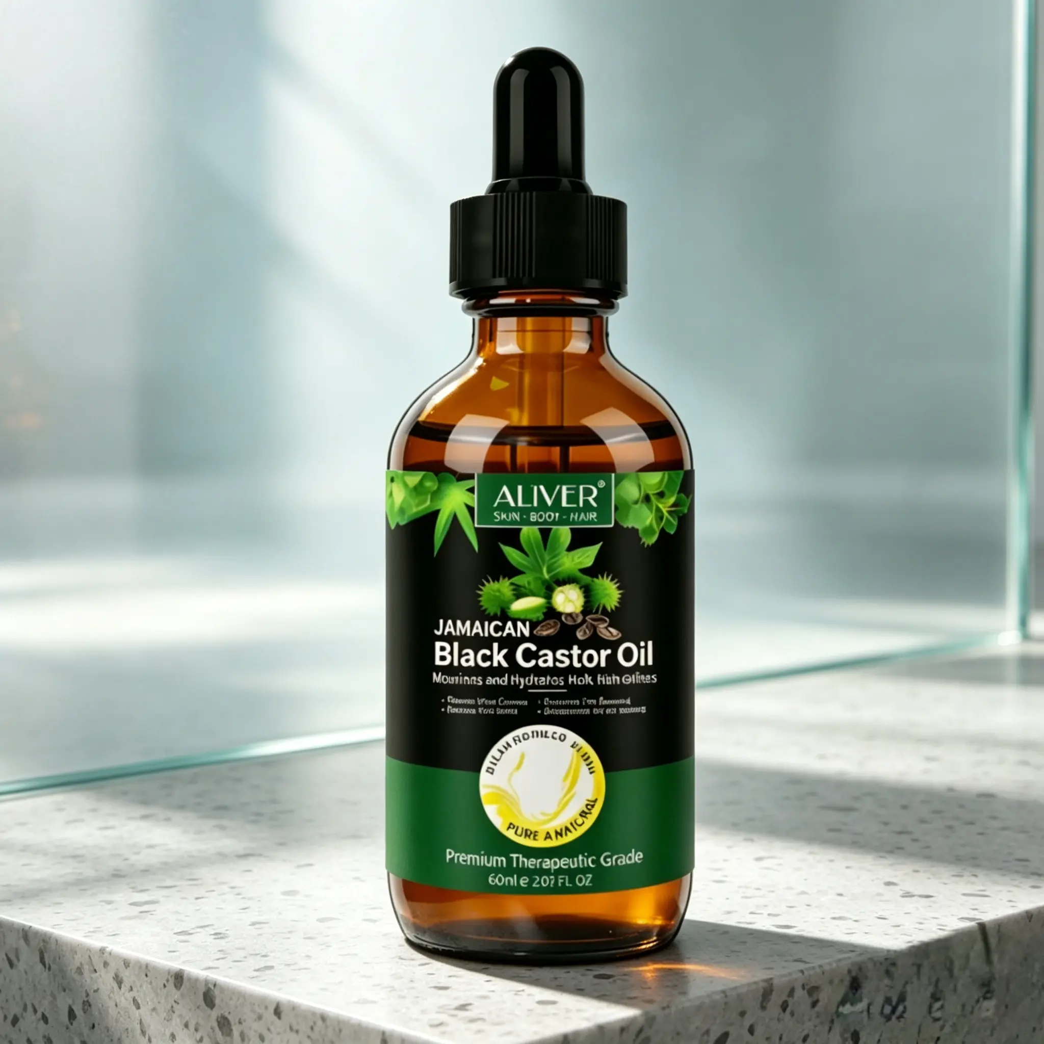 ALIVER Cold Pressed Jamaican Black Castor Oil (60ml) - Deep Conditioning Hair Oil for Curly, Dry, Damaged Hair, Brow & Lash Care