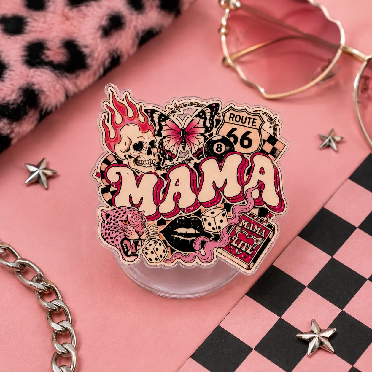 Retro Mama Magnetic Phone Grip, Pink Western MagSafe Phone Holder, Rockabilly Skull Butterfly Leopard Print Kindle Grip, Trendy Mom Gift