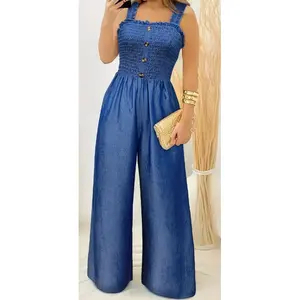 Stylish Ruched Jumpsuit - Sleeveless, Shirred, Wide Leg, Solid Color, Button Decor, Casual, Spring & Summer Essential - Women's Fashion Clothing For Warm Weather