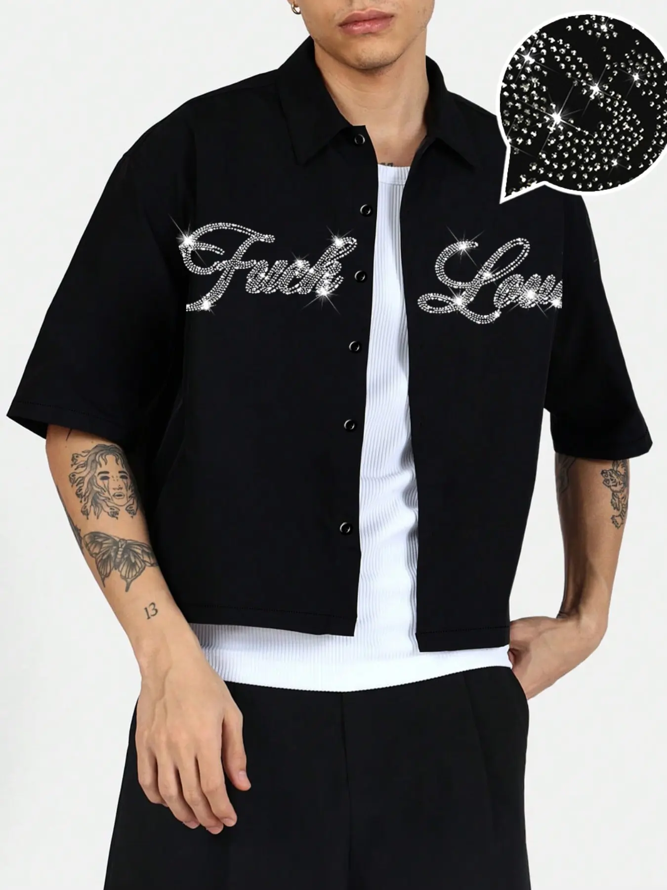 Men's High Street Style Fuck Love Rhinestone Oversize Short Sleeve Casual Shirt, Loose-Fit Plaid Open Front Blazer, All-Season Fashion Top