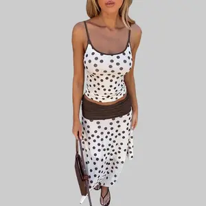 Polka Dot Thin Strap Slim Fit Camisole & High Waist Flowy Maxi Skirt Two Piece Set Women's 2026 Spring Stretchy Elastic Outfit Drapey Fabric Comfortable Casual Chic Versatile Daily Wear Two-Piece Ensemble