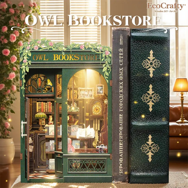 Owl Bookstore DIY Miniature Booknook Wooden Furniture Kit for Adults Teens with Touch Switch & Soft Lighting Perfect Decorative Display Gift for Book Lovers Mosaic Making
