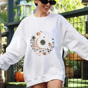 Women vintage celestial moon sun graphic pullover sweatshirt casual warm boho top with wildflower print breathable fabric plus size