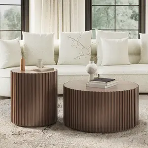 Fluted Round Coffee Table and End Table Set, 2-Piece Modern Wood Drum Coffee Table Sets, for Living Room, Light Walnut Color, Fully Assembled