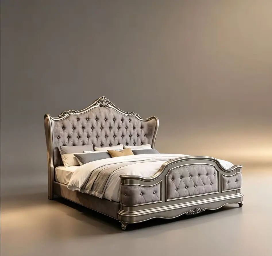 Ariadne Velvet Queen Bed Frame - Elegant Ornate Style Wood Bed Frame with Tufted Buttons, Scroll Trim, Glam Classic Antique Platinum Finish, 71.00 in. x 89.00 in., 187.00 lbs., No Fire Safety Label, Assembly Required, Upholstered Indoor Bedroom Furniture,