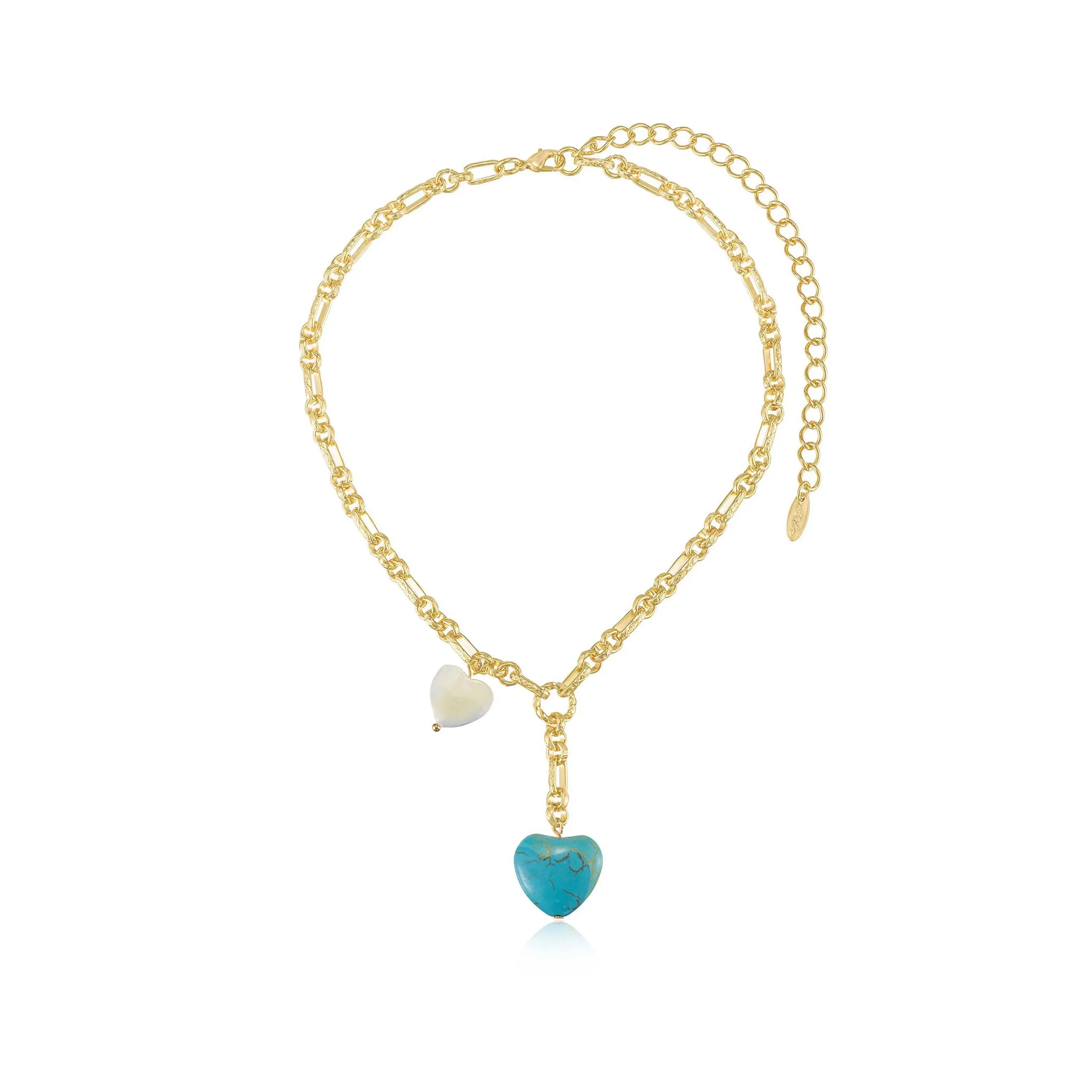 Ettika Turquoise and Pearl Hearts Lariat Necklace 18k Gold Plated Mother of Pearl Reconstituted Turquoise 13" Adjustable Gold Hardware Chain Elegant Fashion Jewelry for Adults