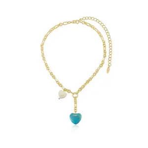 Ettika Turquoise and Pearl Hearts Lariat Necklace 18k Gold Plated Mother of Pearl Reconstituted Turquoise 13" Adjustable Gold Hardware Chain Elegant Fashion Jewelry for Adults