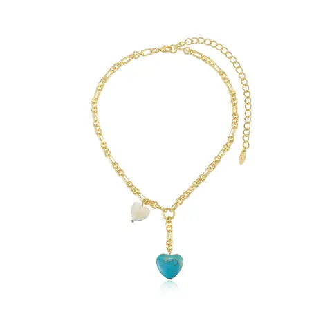 Ettika Turquoise and Pearl Hearts Lariat Necklace 18k Gold Plated Mother of Pearl Reconstituted Turquoise 13" Adjustable Gold Hardware Chain Elegant Fashion Jewelry for Adults