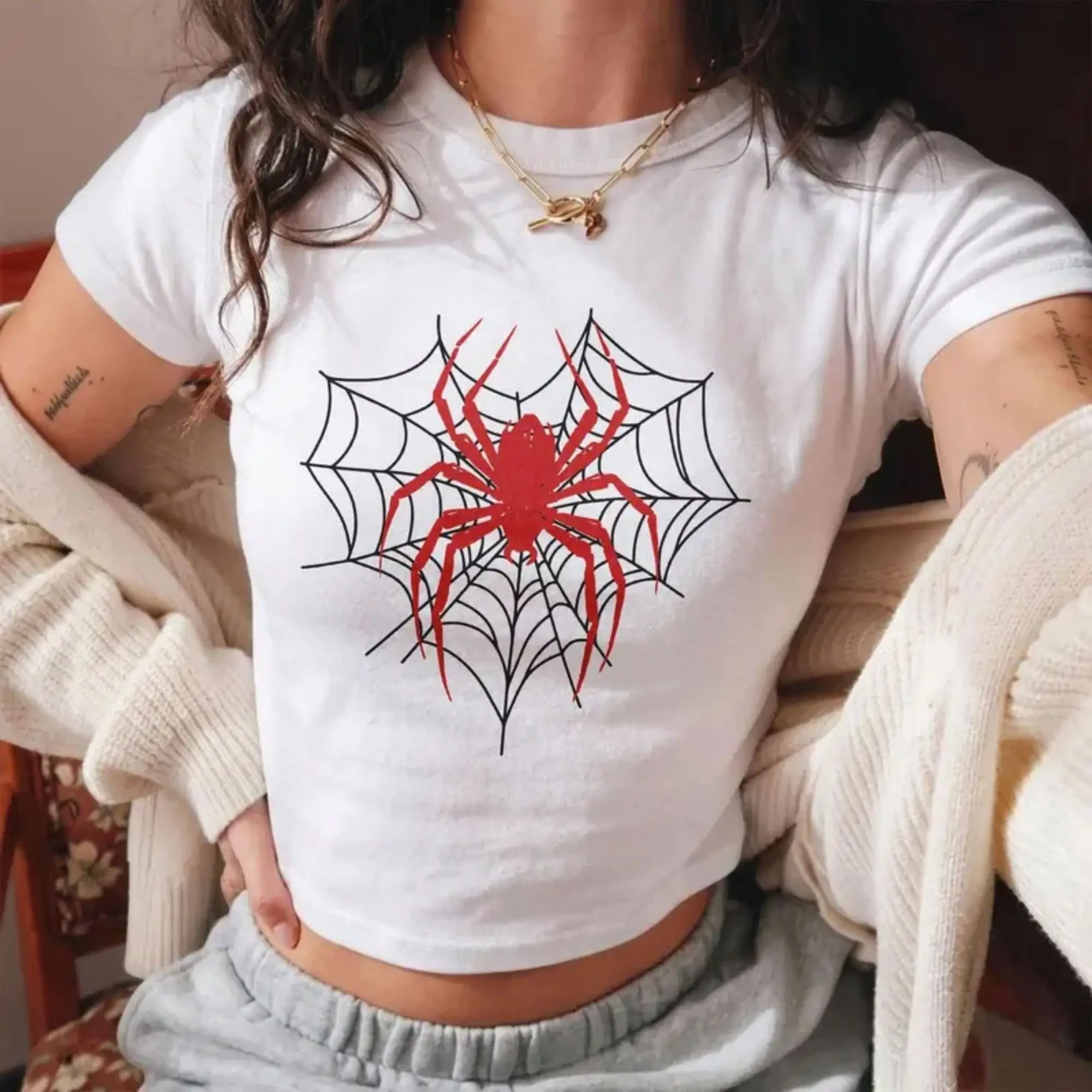 Red Spider Web Graphic Baby Tee, Y2K Spider Shirt, Gothic Aesthetic Crop Top, Edgy Halloween Spider Tee for Women, Alternative Grunge Graphic T Shirt