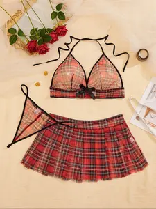 Student Sexy Plaid Bikini + Skirt Set, Plaid Print Bikini, Half Transparent Sexy Home Three-Piece Set, Fitted Style, All Seasons Wear