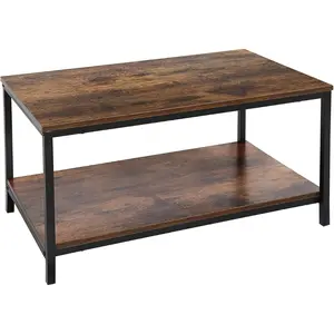 2-Tier Industrial Coffee Table with Storage Shelf for Small Apartment Living Room, Rectangle Wood and Stable Metal TV Stand Side End Table, Rustic Brown