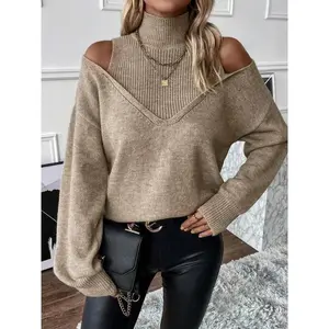 Women's high neck hollowed out detail off shoulder sleeve knitted slim fit jumper, autumn and winter casual fashion cut basic minimalism khaki cashmere square neck cut knitted shirt lace pullover high neck fit ribbed sweater open front sweatshirt