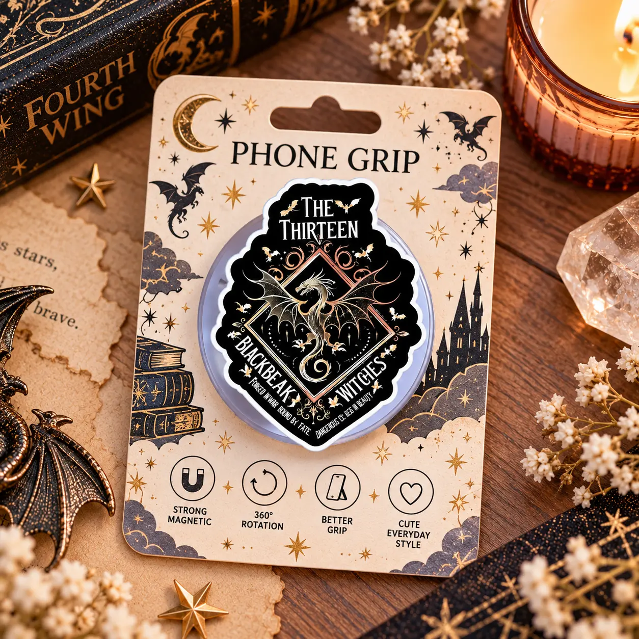 Dark Fantasy Dragon MagSafe Phone Grip, Gothic Black and Gold Book Lover Phone Holder, Witchy Aesthetic Magnetic Grip, Fantasy Reader Gift, Kindle Accessory
