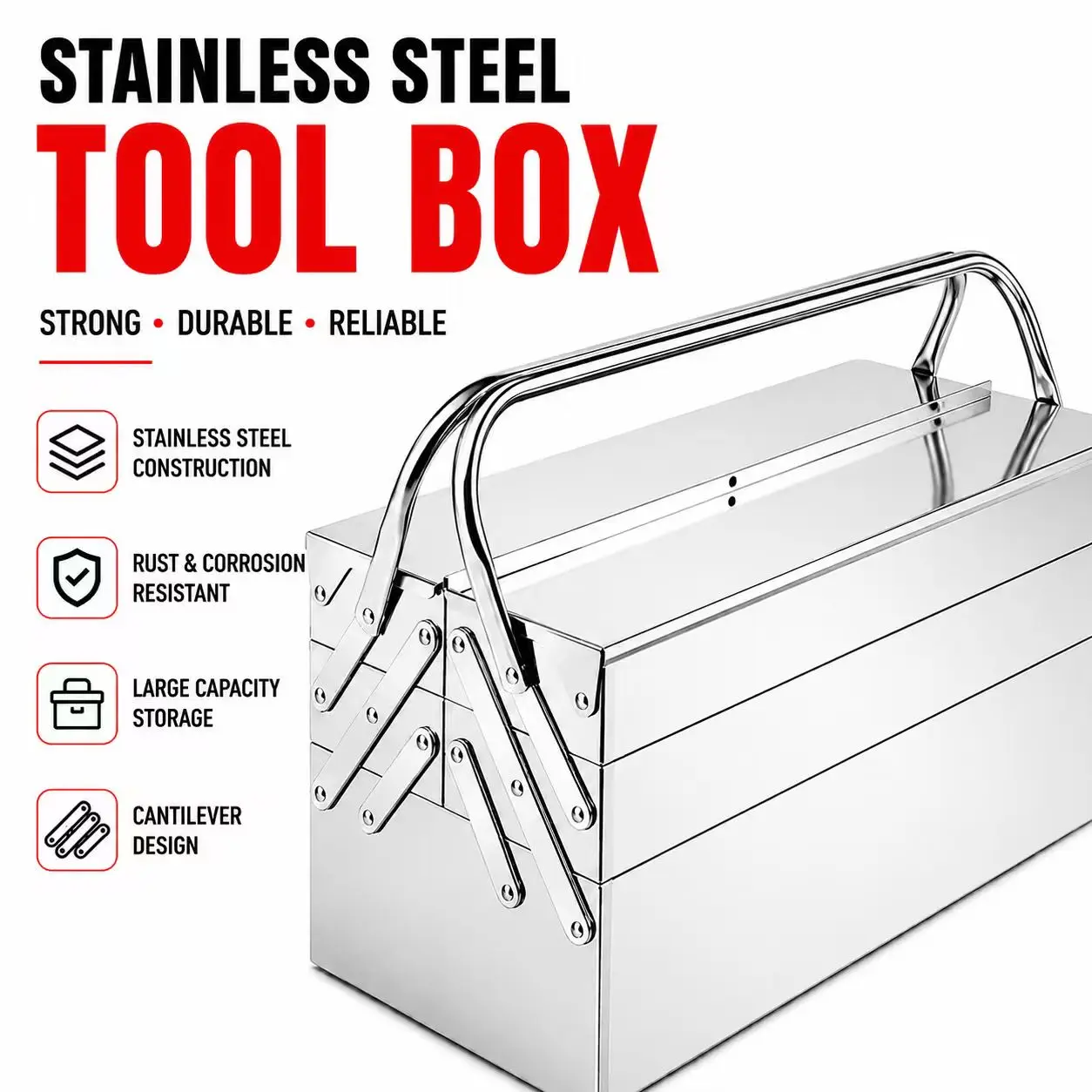 Heavy-Duty Stainless Steel Toolbox - Compact, Large-Capacity Portable Tool Storage Box with Tri-Fold Design, No Assembly Required, Ideal for Home Users, Workshop, Garage
