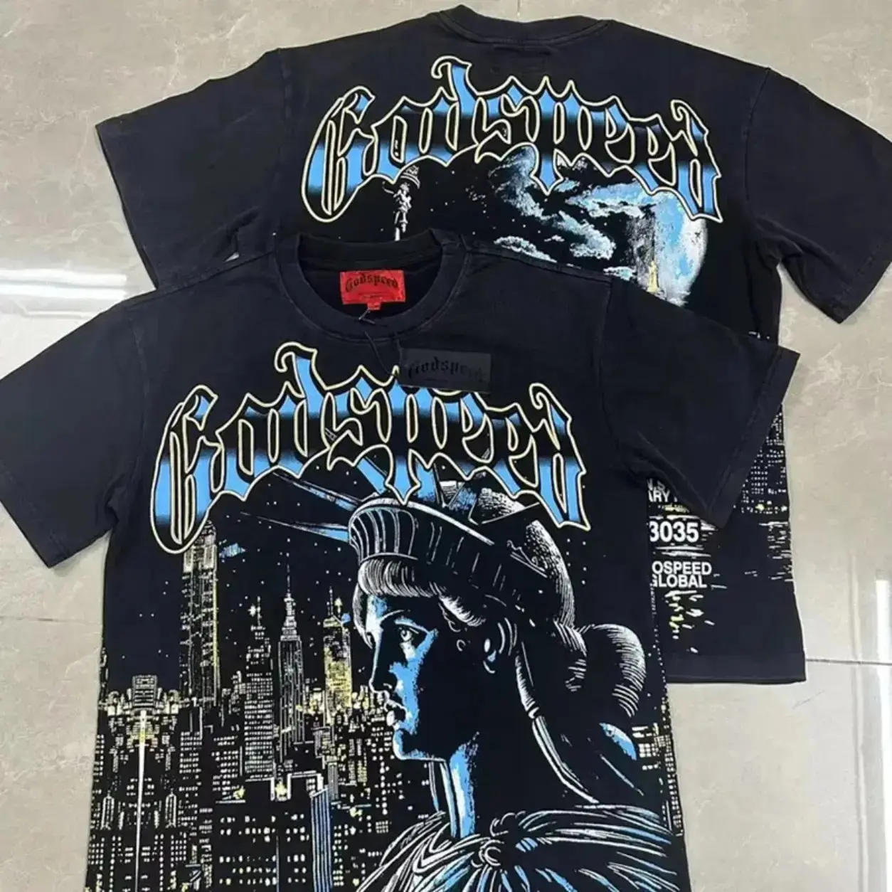 Graphic Tee Y2K Streetwear  Heavyweight Combed Cotton Crewneck T-Shirt Gothic Font Statue of Liberty Retro NYC Skyline Print Vintage Grunge Casual Top US Trend Gift