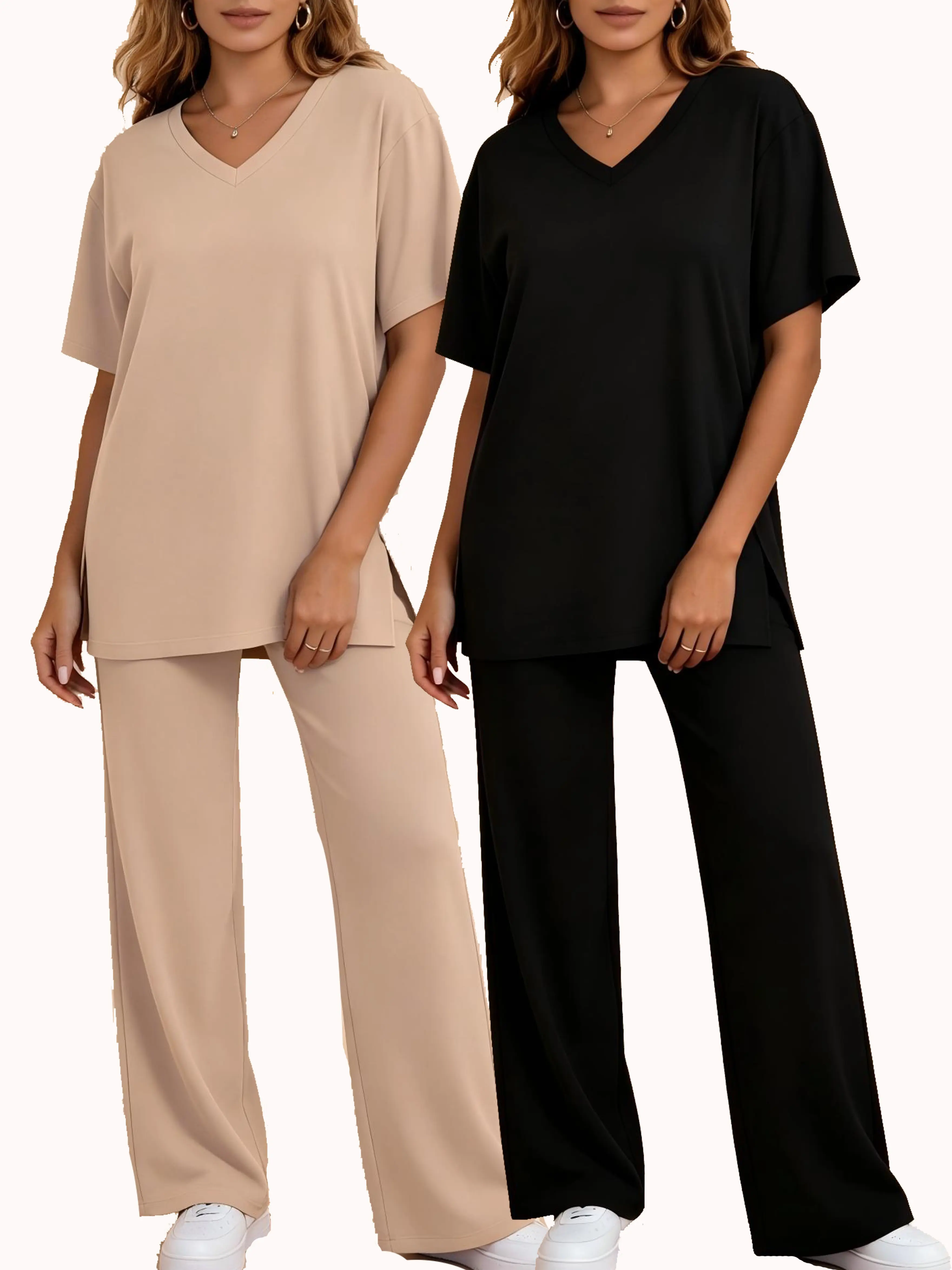 Elegant Plus Size Women's Short Sleeve T-Shirtwith Solid Slim Pants-V-neck, Spring and Summer Casualloose fit Two-Piece Set, Women's Fashion Outfit.Machine Washable, Trendy and Comfortable ChicClothes Suits