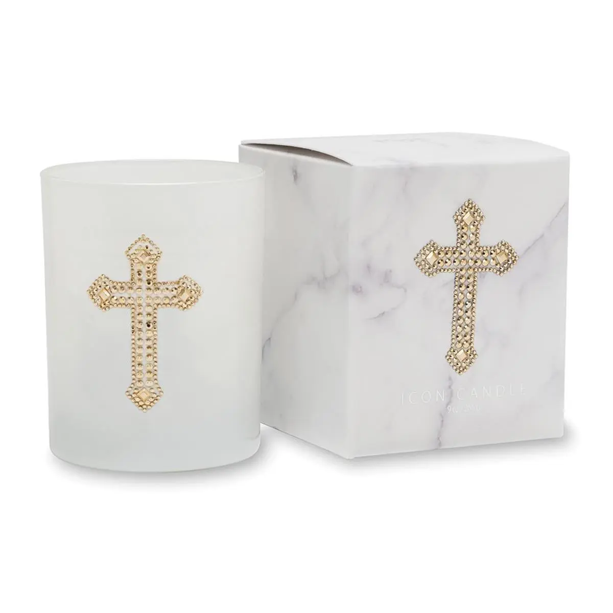 212 MAIN Primal Elements Cross Motif Scented Wax Candle - 9.5oz Small Batch Hand-Poured Icon Candle, Rhinestone-Accented White Marble Decoration, Aroma-Enhancing Cashmere Amber Fragrance, Matching Gift Box Ornament, Ideal Home Supplies Gift