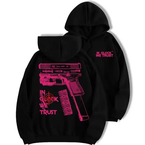 Women's Unisex Fit Ease Graphic Hoodie - Pink Firearms Design, Full Color, Streetwear Clothing, Cool Women Gifts, Gifts for Adults
