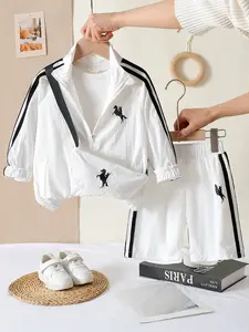 Boys' Summer Sporty 3-Piece Set, Patchwork Embroidered Zipper Jacket, Matching Shorts, Crossbody Bag, Casual Comfortable Daily Wear