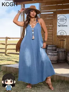 KCGH Women's Plus Size Tencel Denim Maxi Slip Dress 26SS Spring Summer, Casual Wear Sleeveless Dress For Curvy Ladies Daily Dating Vacation