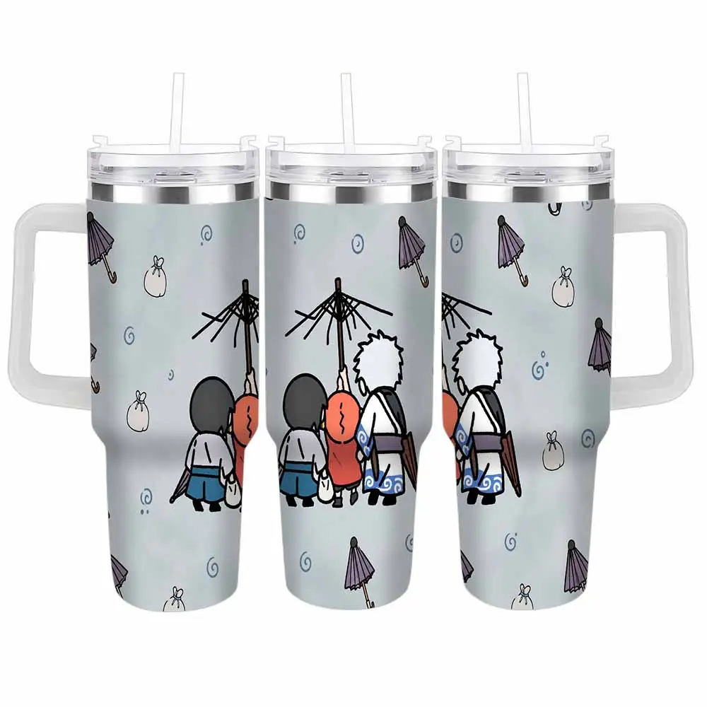 Anime Friends Umbrella Pattern Travel Car Cup 40oz/30oz Japanese Style Kawaii Illustration Insulated Stainless Steel Tumbler Leakproof Portable Handle For Office Commute Road Trip Daily Hydration Ideal Birthday Gift Unique Souvenir Aesthetic Accessories