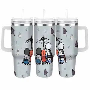 Anime Friends Umbrella Pattern Travel Car Cup 40oz/30oz Japanese Style Kawaii Illustration Insulated Stainless Steel Tumbler Leakproof Portable Handle For Office Commute Road Trip Daily Hydration Ideal Birthday Gift Unique Souvenir Aesthetic Accessories