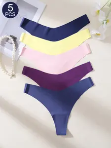 5PCS Sexy Fashion Casual Seamless Drop-Waist Thongs for Women, Plain Color Fitted Drop Waist Underwear, All Seasons Comfort, Fitted Panties
