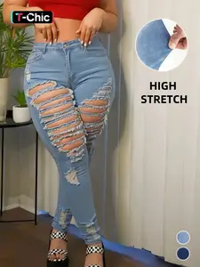 Shredded Skinny Fit Lightweight Denim Jeans for Women, Casual Everyday Summer Street Style Ripped Jeans, Trendy Stretchy Long Trousers