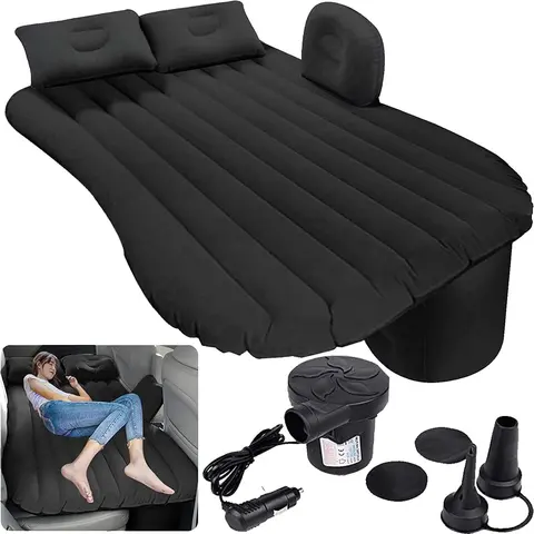 2-in-1 Portable Car Sleeping Bed - SUV Rectangular Inflatable Back Seat Airbed with Pump, Anti-Collision Headrest, Adjustable Backrest, Dual Split Foot Pier, Wavy Texture PVC Flock, Foldable Moisture-Proof, Storage Bag (Camping, Trips)