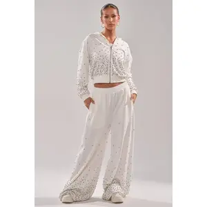ALL IN WHITE RHINESTONE WIDE LEG JOGGER