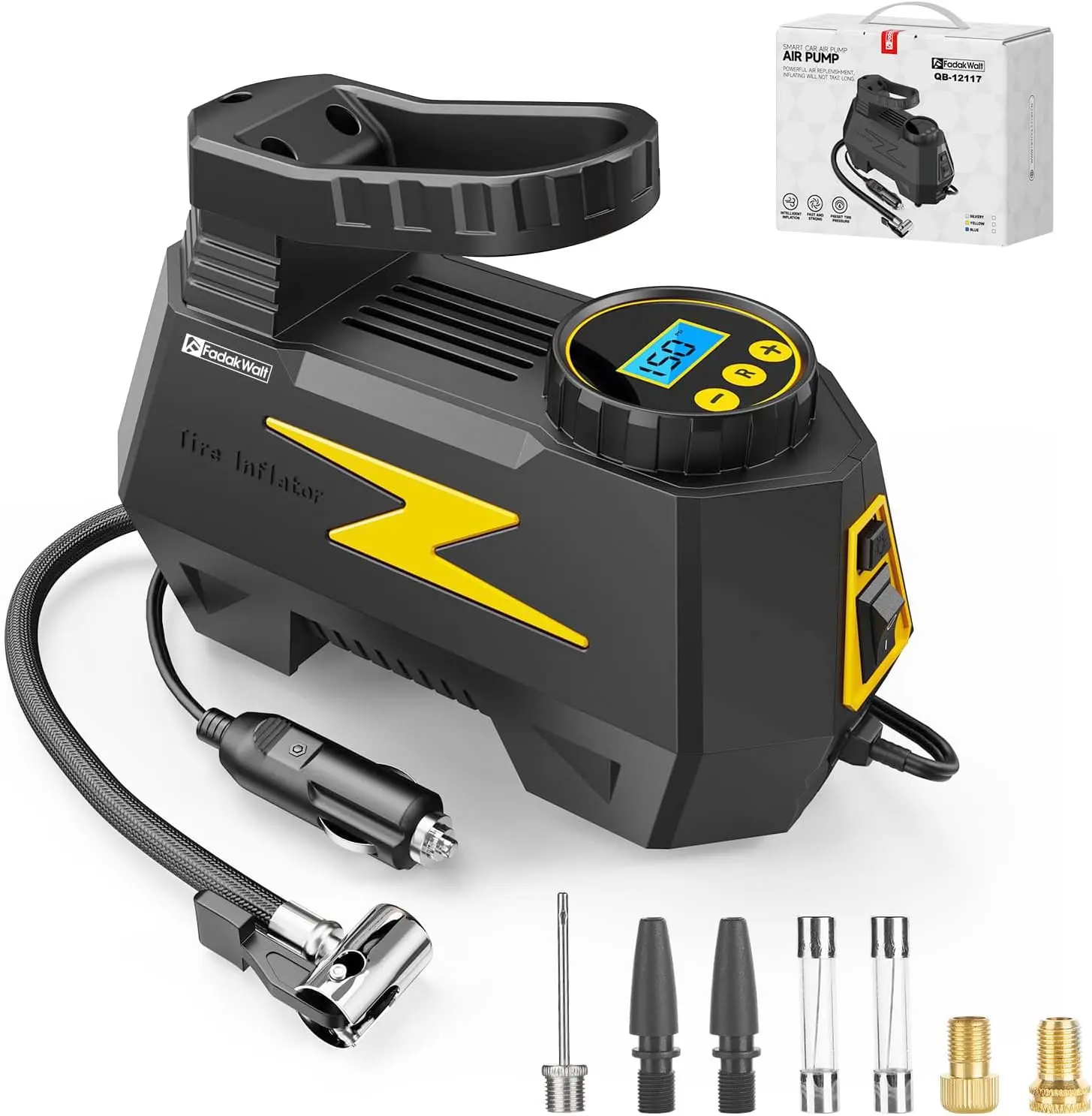 Portable Tire Inflator, 12V Air Compressor with LED, 150PSI Digital Gauge for Car, Bike, Motorcycle, Ball