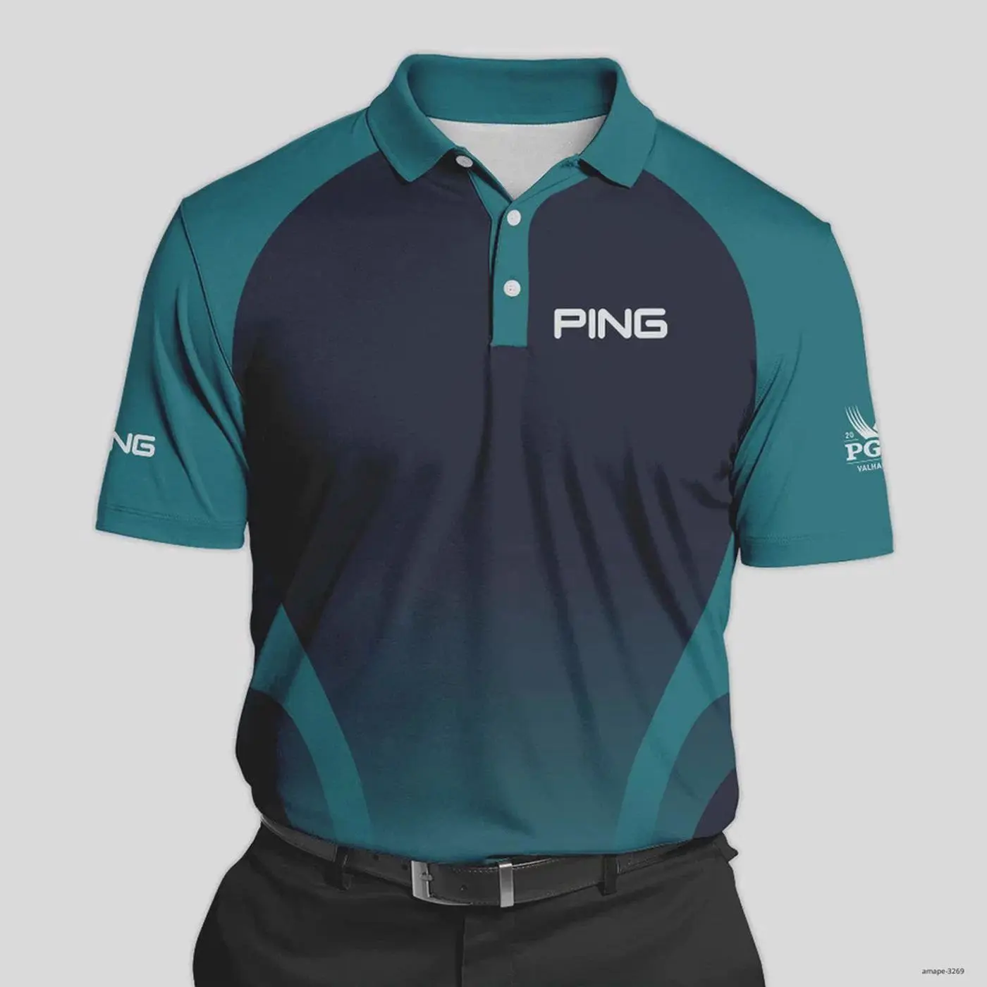 2026 PGA Ping Golf Shirt Dark Cyan Very Dark Blue Gradient Golf Polo Shirt Men