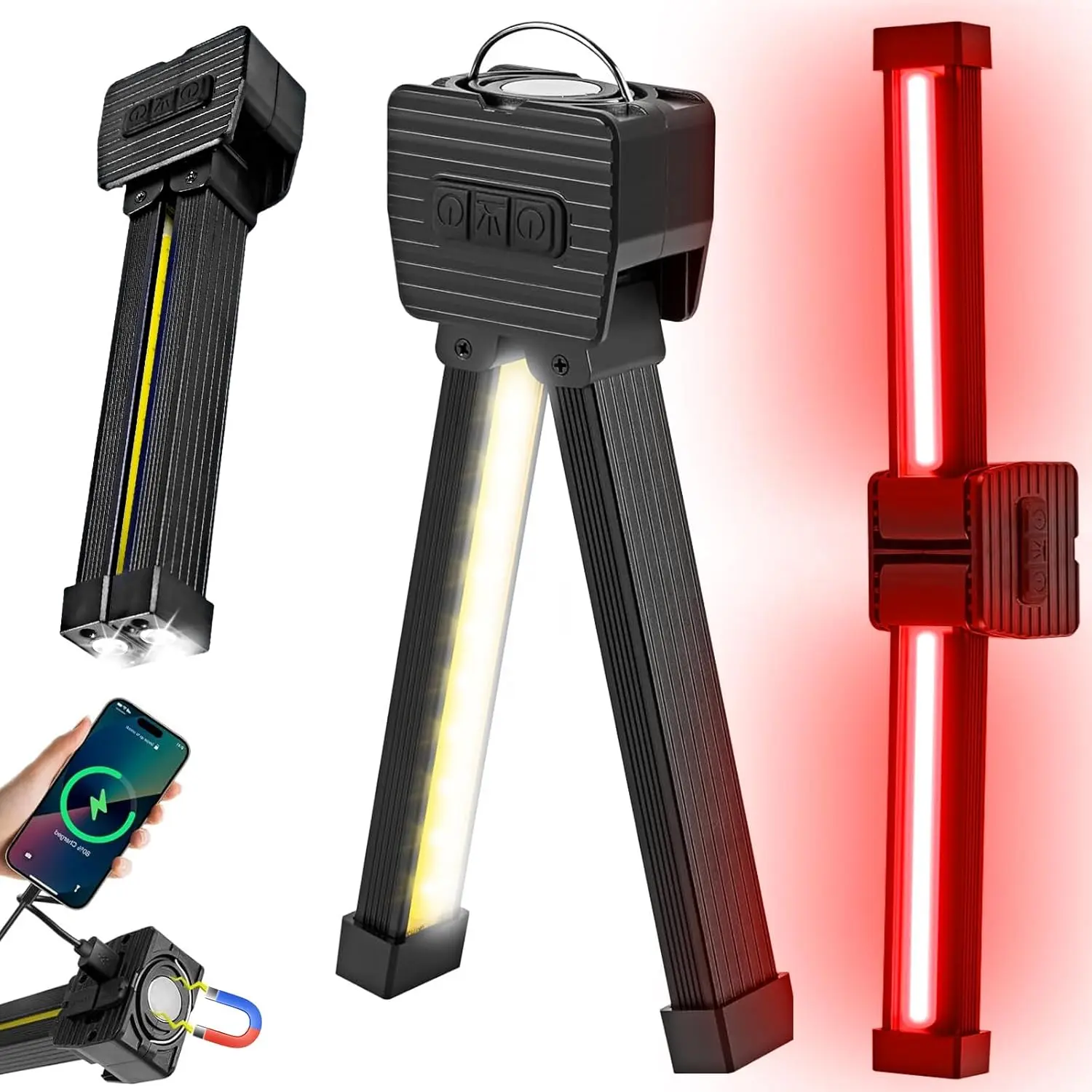Gym Lamp, Portable Gym Lighting for Posing, Magnetic Work Light Rechargeable, Gift for Men/Women, 180° Rotate Foldable with Hang Hook Camping Lamp, USB Power Bank LED Handheld Flashlight-Black