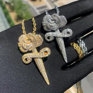 Hip Hop Punk Rose Cross Pendant Necklace with Cubic Zirconia - 24" Stainless Steel Chain, Fashionable Men's Jewelry