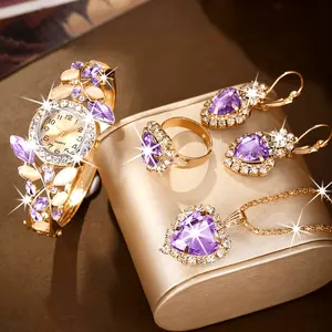 5pcs Set: Glamorous Quartz Watch, Jewelry Combo - Elegant, Non-Alloy Band, Heart-Shaped Rhinestone, Ideal for Women, Daily Wear, Gifting