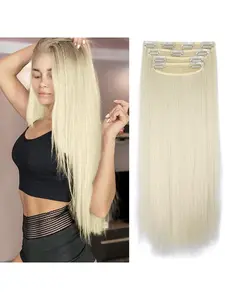 Clip in Human Hair Extensions Long Straight 8PCS Thick Hairpieces 613 Blonde Fiber Double Weft Natural Hair Extensions for Women (8pcs,  613#)