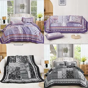 3 Pieces Purle Quilt Set Queen/King Size, Boho Patchwork Bedspread Coverlet Set, Lightweight Bohemian Quilt Bedding Set for All Seasons