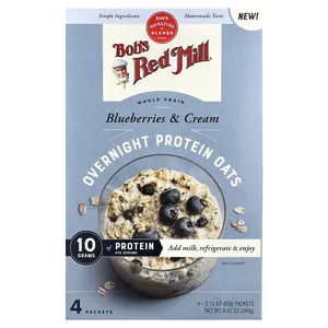 Bob's Red Mill Overnight Protein Oats, Whole Grain, Blueberries & Cream, 4 Packets, 2.12 oz (60 g) Each