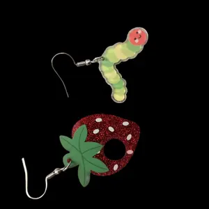 Hungry Caterpillar with Strawberry Earrings - Colorful Design, Green and Red, Includes Strawberry and Leaf Accents, Ideal for teachers
