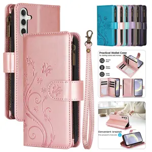For Samsung Galaxy S25 Ultra S24 Plus S23 FE S22 S21 Lanyard Cute Floral Embossed Butterfly Wallet Phone Case with 6 Card Slots Zipper Pocket Wrist Strap Women Soft PU Leather Protective Flip Fold Stand Cover Magnetic Closure For Mom