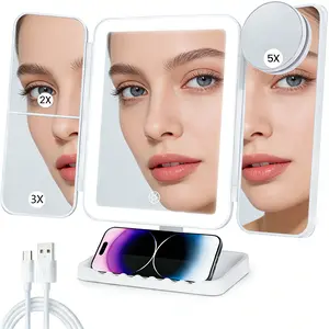 Mother's Day Gift | KEIMI Portable LED Light Makeup Mirror, Adjustable Touch Lighting, 2X/3X/5X Magnification Foldable Vanity Mirror