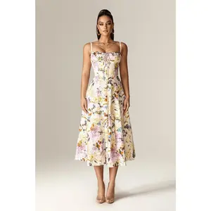 Annette Cotton Bustier Midi Sundress - Daisy Print | Sleeveless Frock with Ruched Bust, Side Slit, Pockets, Cinched Waist & Fully Lined - Minimalist Summer Outfit for Vacation, Garden Party & Casual Wear - Womenswear Clothing