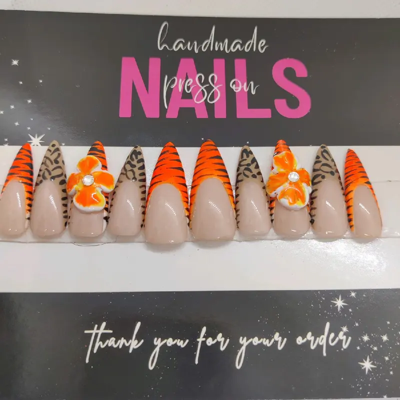 Cheetah and leopard print stiletto Handmade Press On Set for Nail Art and Nail Care flash cure