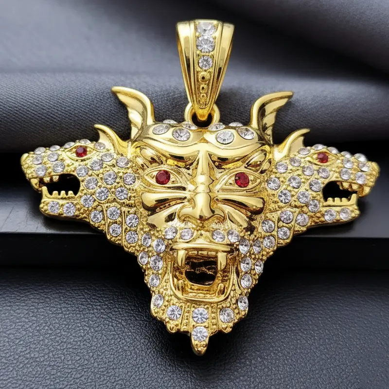 MaxBling81 Unisex Hip Hop Celebrity Style 3-Faced Demon Pendant, Large Gold-Plated Charm with Polished Finish, Iced Out CZ Stones, for Casual Daily Wear, No Warning Applicable, Glossy, Adults, Large Size