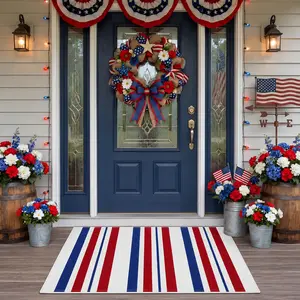 1Pc National Day Entry Rug, Entrance Mat, Stylish Floor Rug, Red White Blue Striped Pattern, Summer Patio Ornament, Rustic Outdoor Porch Doormat, Festive House Accent